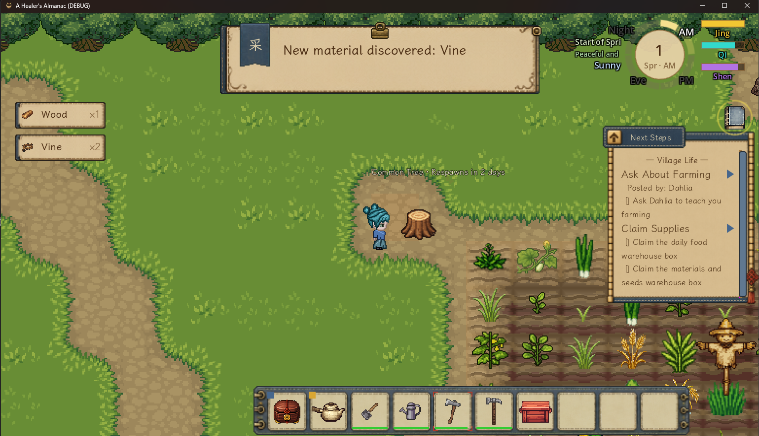 The redesigned Next Steps panel and hotbar in the village landscape