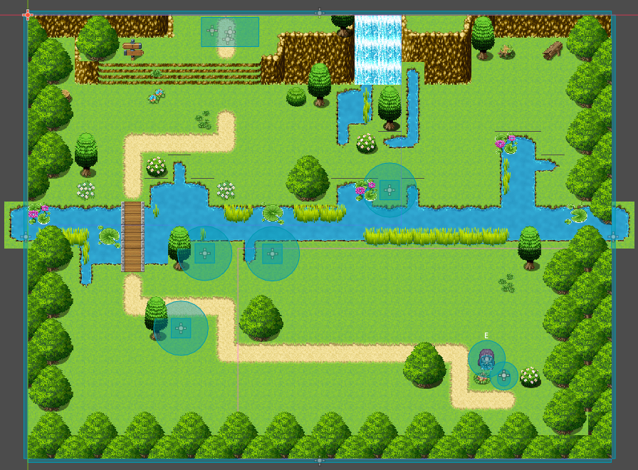 用 RPG Maker 素材搭的第一张地图——瀑布、小桥、树林，全是借来的