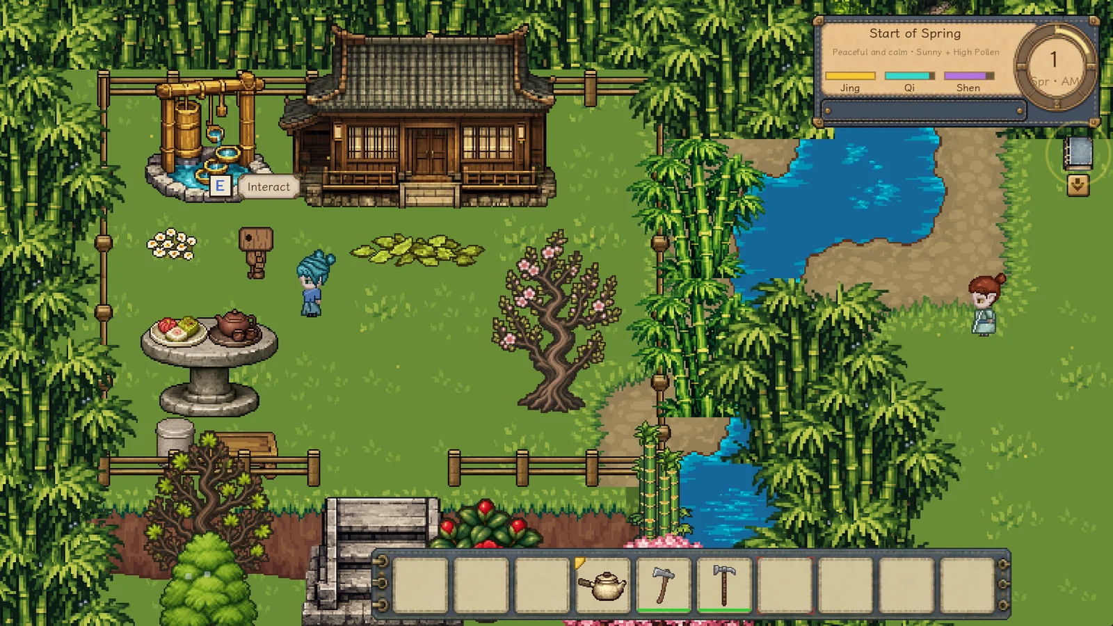 The player and Doudou exploring among bamboo, herb beds, streams, and houses