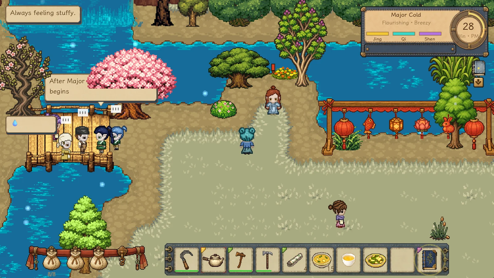 Villagers celebrating New Year’s Eve among lanterns, trees, and the river