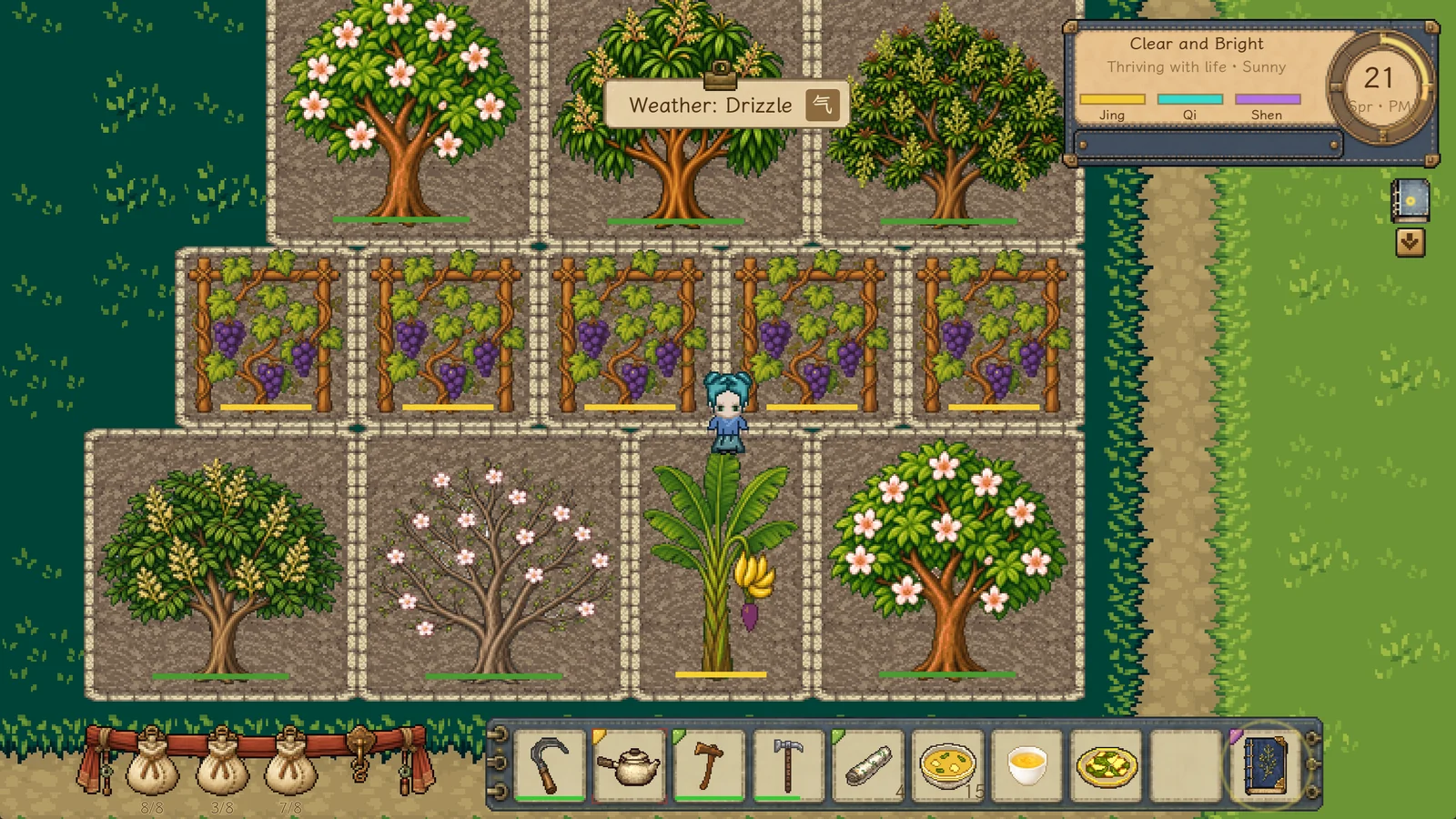 A flowering village orchard with garden beds and a waterwheel